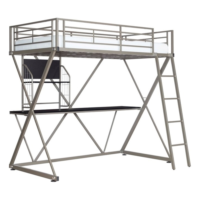 Rosebery Kids Metal Student Loft Twin Bed Lower Desk Unit in Pewter