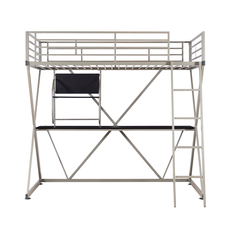 Rosebery Kids Metal Student Loft Twin Bed Lower Desk Unit in Pewter