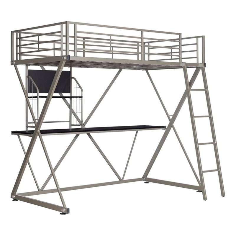 Rosebery Kids Metal Student Loft Twin Bed Lower Desk Unit in Pewter