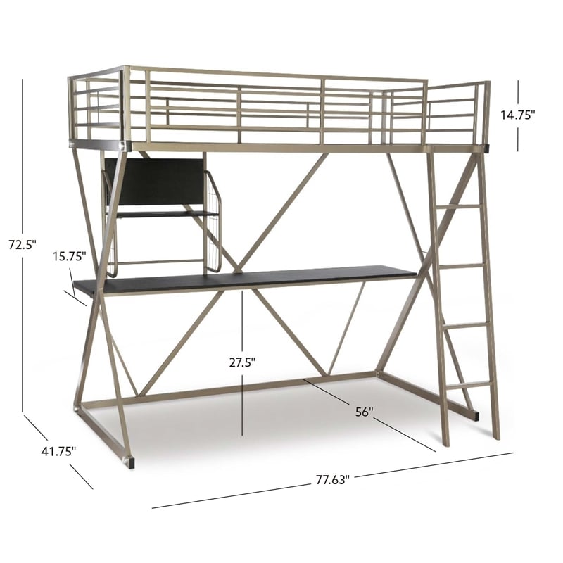 Rosebery Kids Metal Student Loft Twin Bed Lower Desk Unit in Pewter