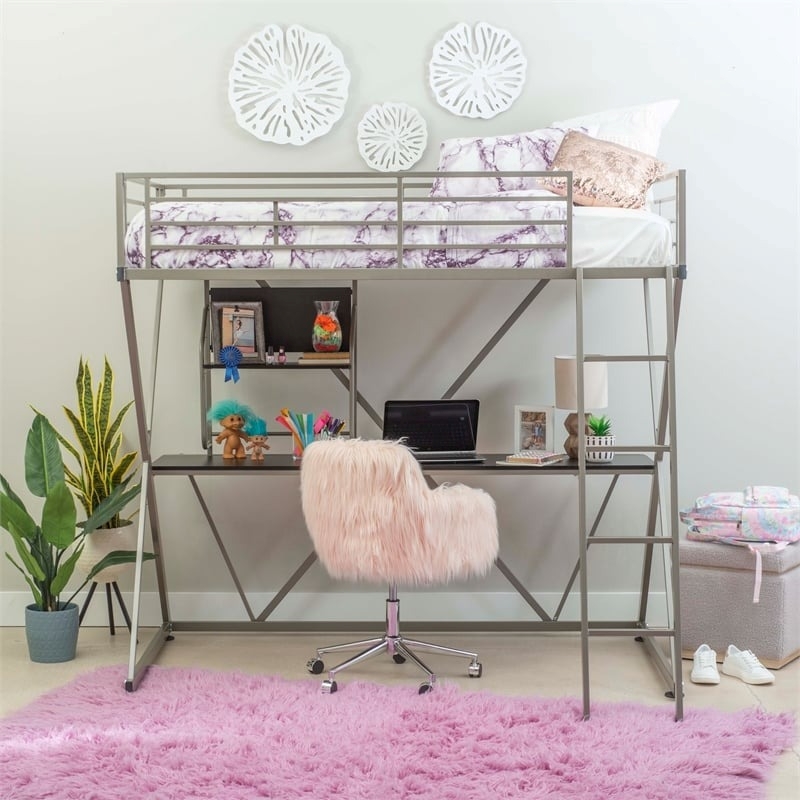 Rosebery Kids Metal Student Loft Twin Bed Lower Desk Unit in Pewter