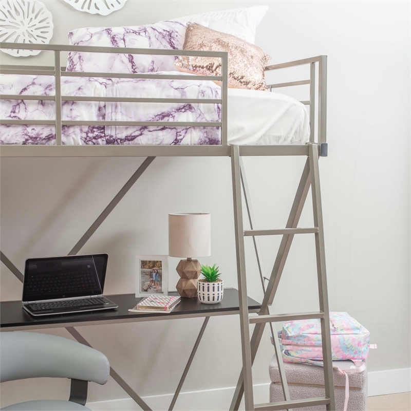 Rosebery Kids Metal Student Loft Twin Bed Lower Desk Unit in Pewter