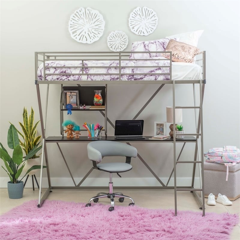 Rosebery Kids Metal Student Loft Twin Bed Lower Desk Unit in Pewter