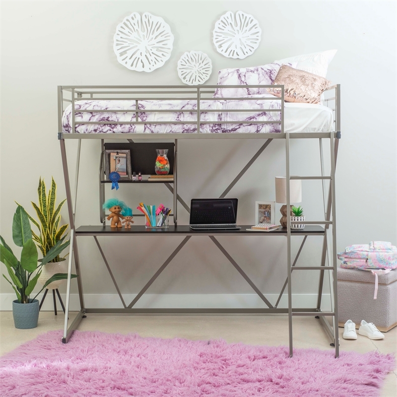 Rosebery Kids Metal Student Loft Twin Bed Lower Desk Unit in Pewter