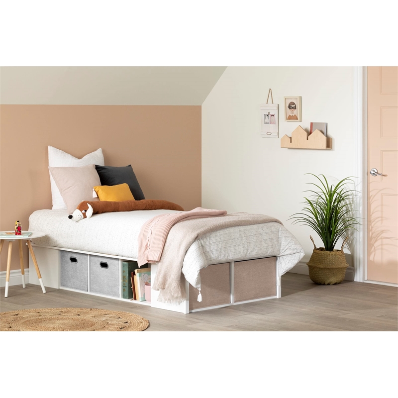 Rosebery Kids Contemporary Wood Platform Twin Bed with Baskets in White