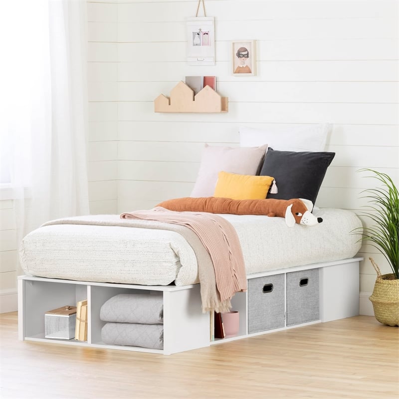 Rosebery Kids Contemporary Wood Platform Twin Bed with Baskets in White