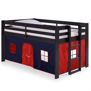roseberry kids twin wood jr loft bed espresso frame and blue/red playhouse tent