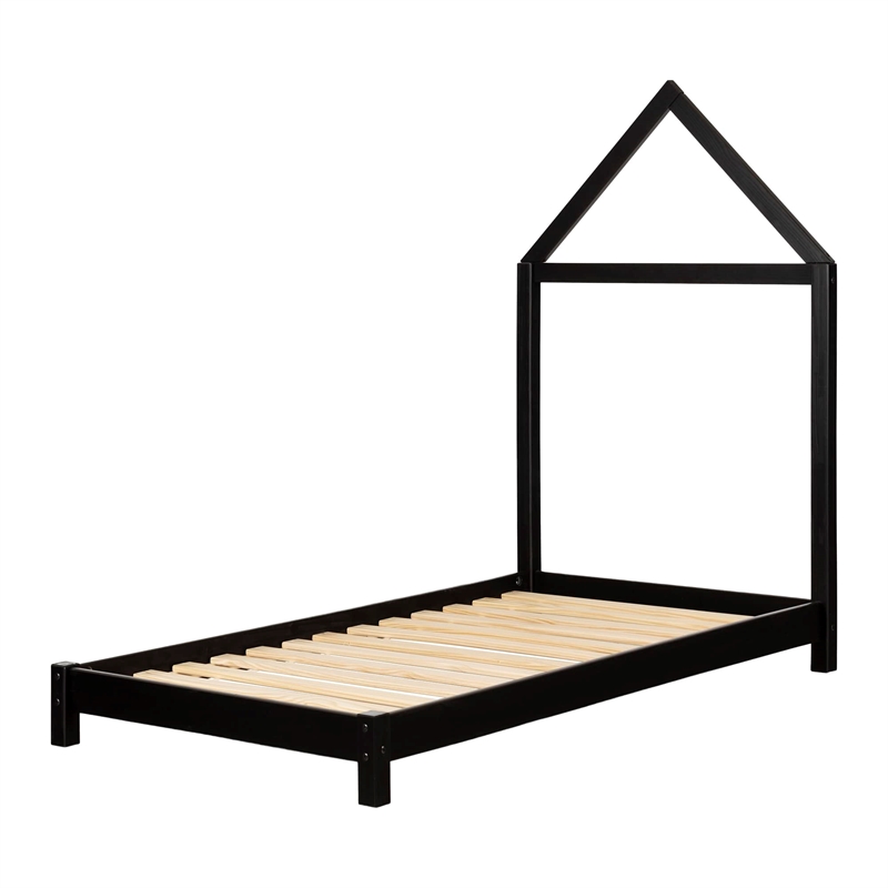 Rosebery Kids Contemporary Wood Bed with House Frame Headboard in Black