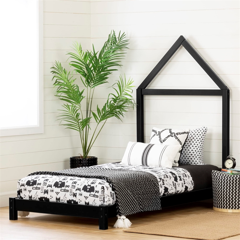 Rosebery Kids Contemporary Wood Bed with House Frame Headboard in Black