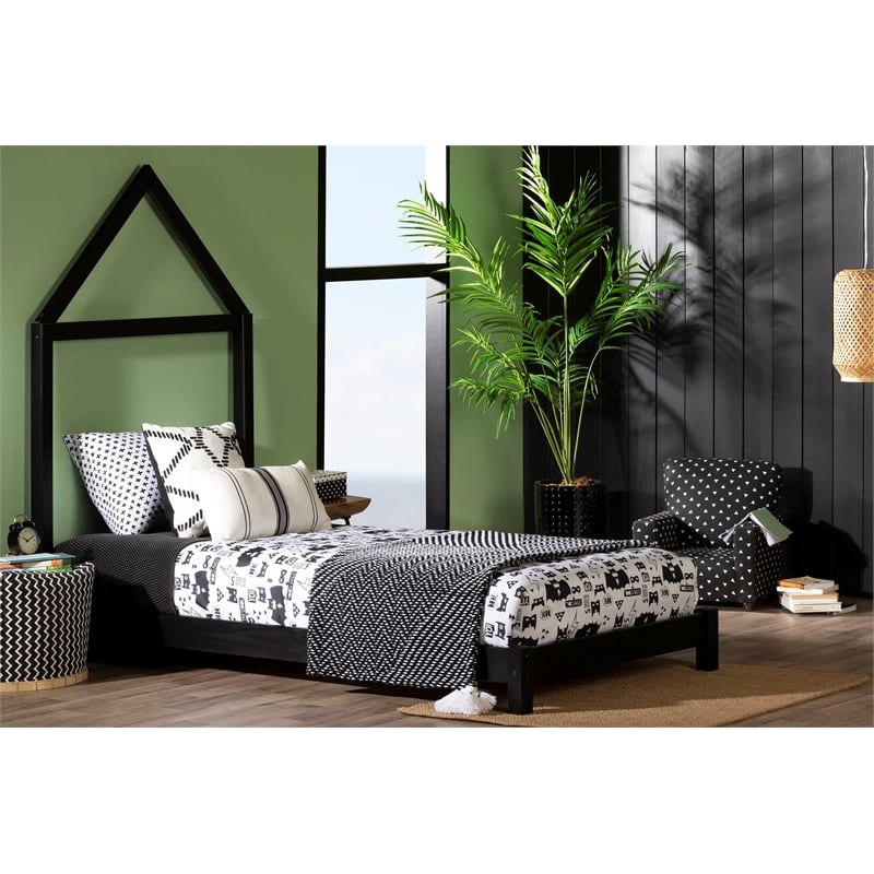 Rosebery Kids Contemporary Wood Bed with House Frame Headboard in Black