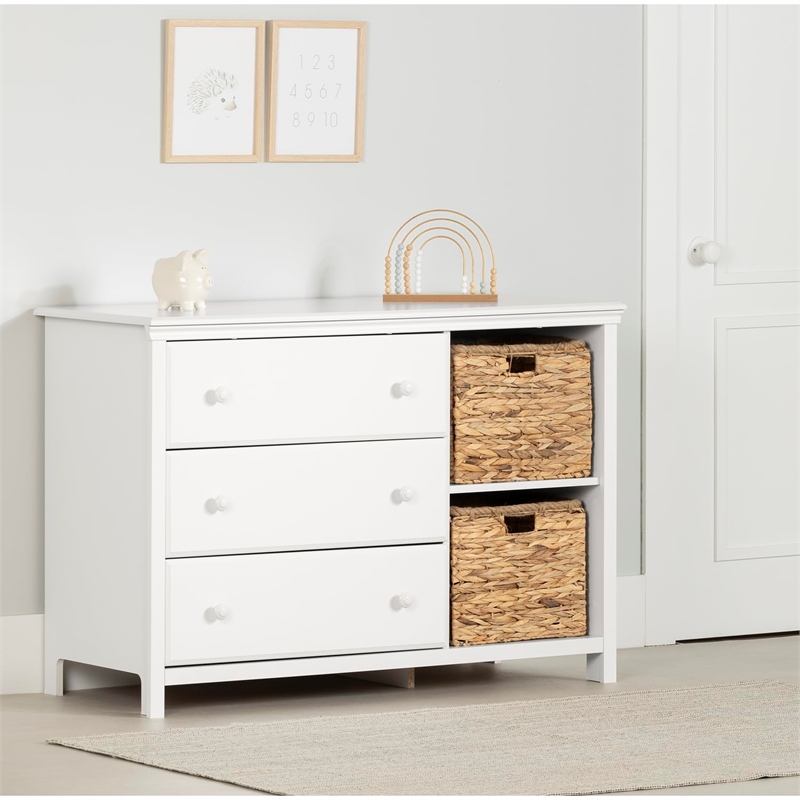 Rosebery Kids 3-Drawer Transitional Wood Dresser with Baskets in White