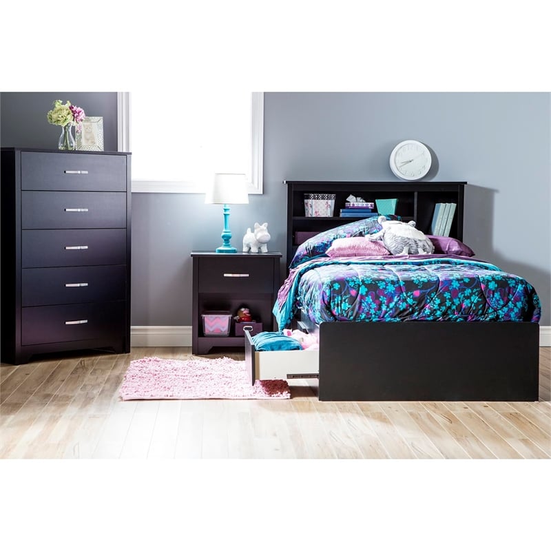 Transitional Wood 3-Drawer Twin Mates Bed in Pure Black