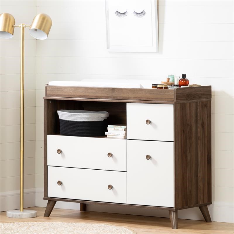 Contemporary Changing Table with Drawers in Natural Walnut-White