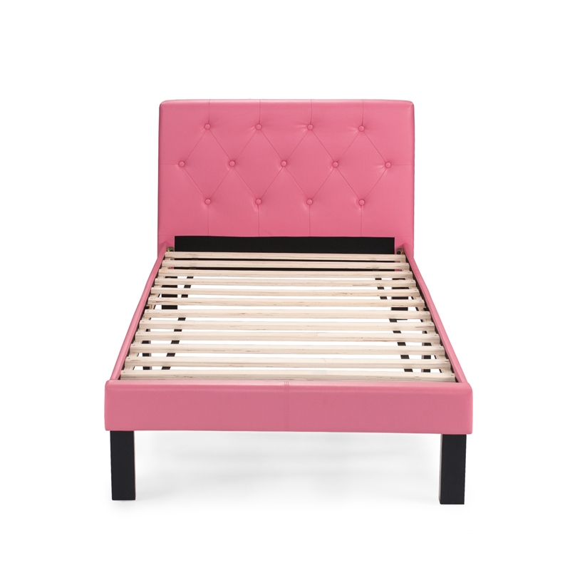 Twin Faux Leather Upholstered Bed Frame with Slats in Pink
