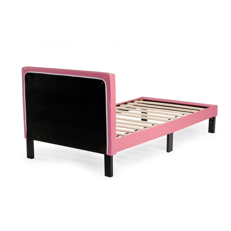 Rosebery Kids Twin Faux Leather Upholstered Bed Frame with Slats in Pink Rosebery Kids Twin Faux Leather Upholstered Bed Frame with Slats in Pink