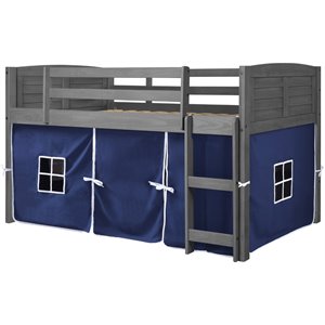 rosebery kids twin solid wood low loft bed with blue tent in antique gray
