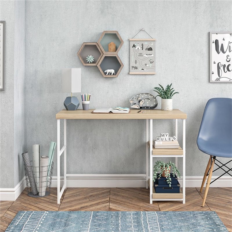 Transitional Desk with Reversible Shelves in Blonde Oak