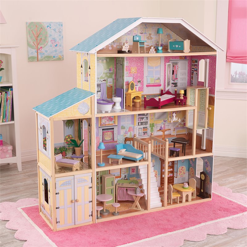 Rosebery Kids Modern Wood 34 Piece Majestic Mansion in Pink and Natural