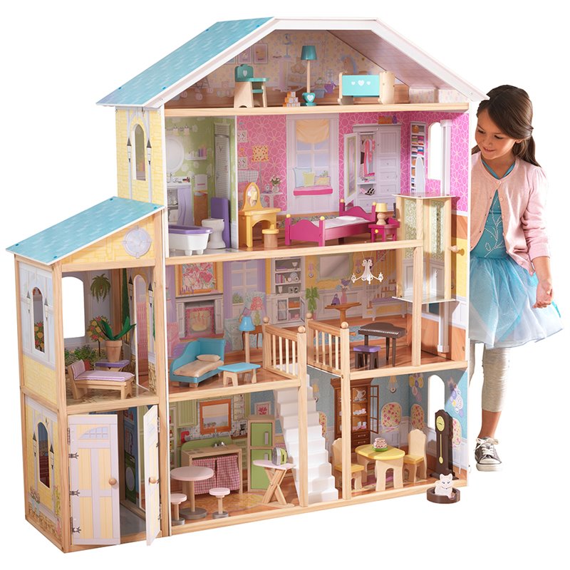 Rosebery Kids Modern Wood 34 Piece Majestic Mansion in Pink and Natural