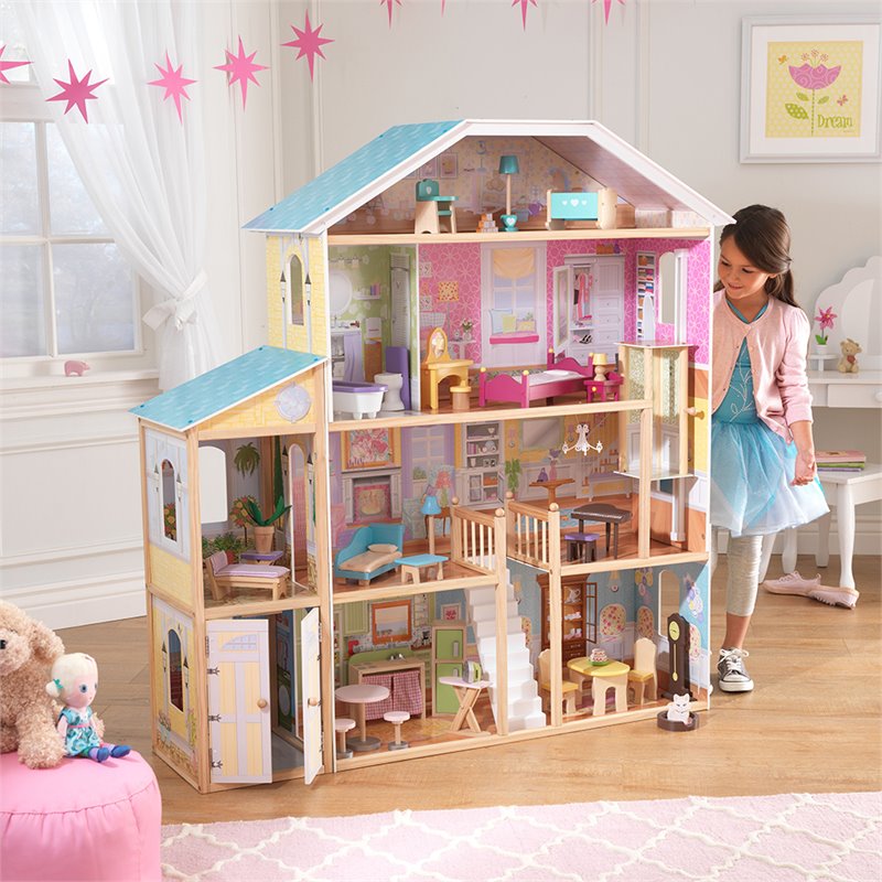 Rosebery Kids Modern Wood 34 Piece Majestic Mansion in Pink and Natural