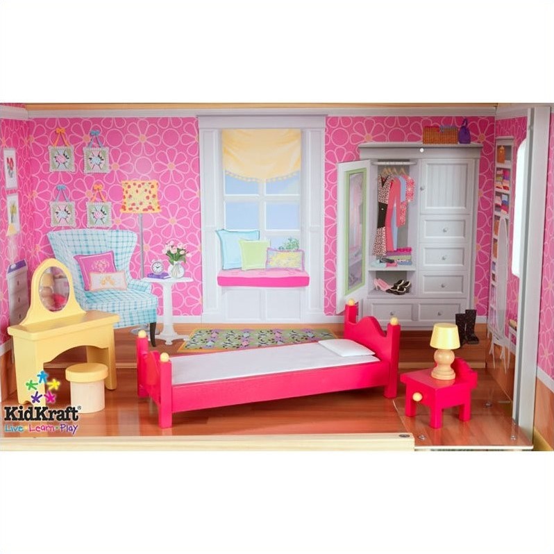Rosebery Kids Modern Wood 34 Piece Majestic Mansion in Pink and Natural
