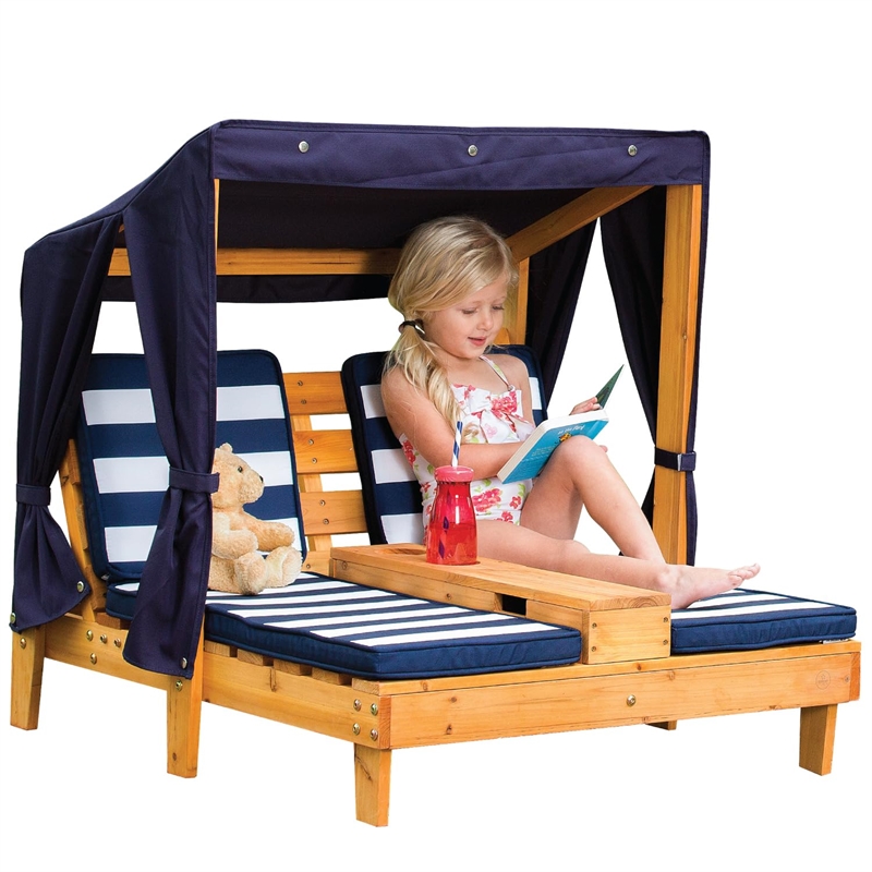 Rosebery Kids Double Chaise Lounge with Cup Holder in Honey and Navy