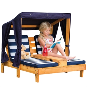Rosebery Kids Double Chaise Lounge with Cup Holder in Honey and Navy