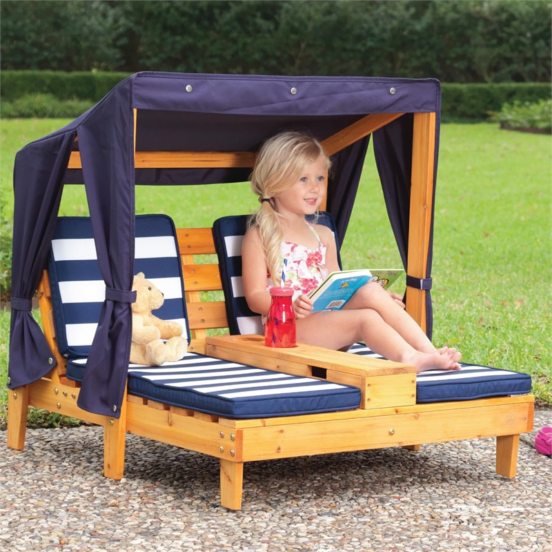 Rosebery Kids Double Chaise Lounge with Cup Holder in Honey and Navy