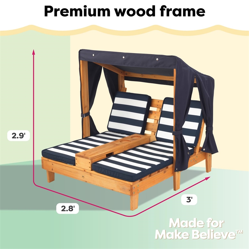 Rosebery Kids Double Chaise Lounge with Cup Holder in Honey and Navy