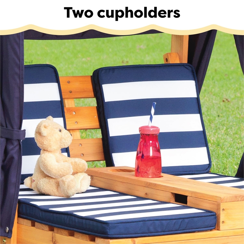 Rosebery Kids Double Chaise Lounge with Cup Holder in Honey and Navy