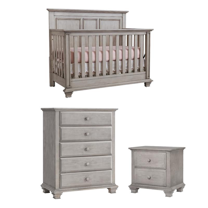 Rosebery Kids Set of 3 Stone Gray 4 In 1 Convertible Crib & Chest & Nightstand