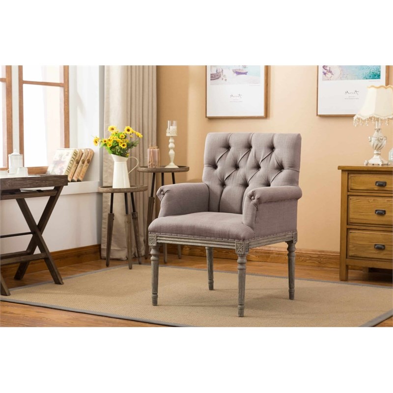 Keegan Wood Armchair in White-Washed Oak Finish and Light Gray Linen