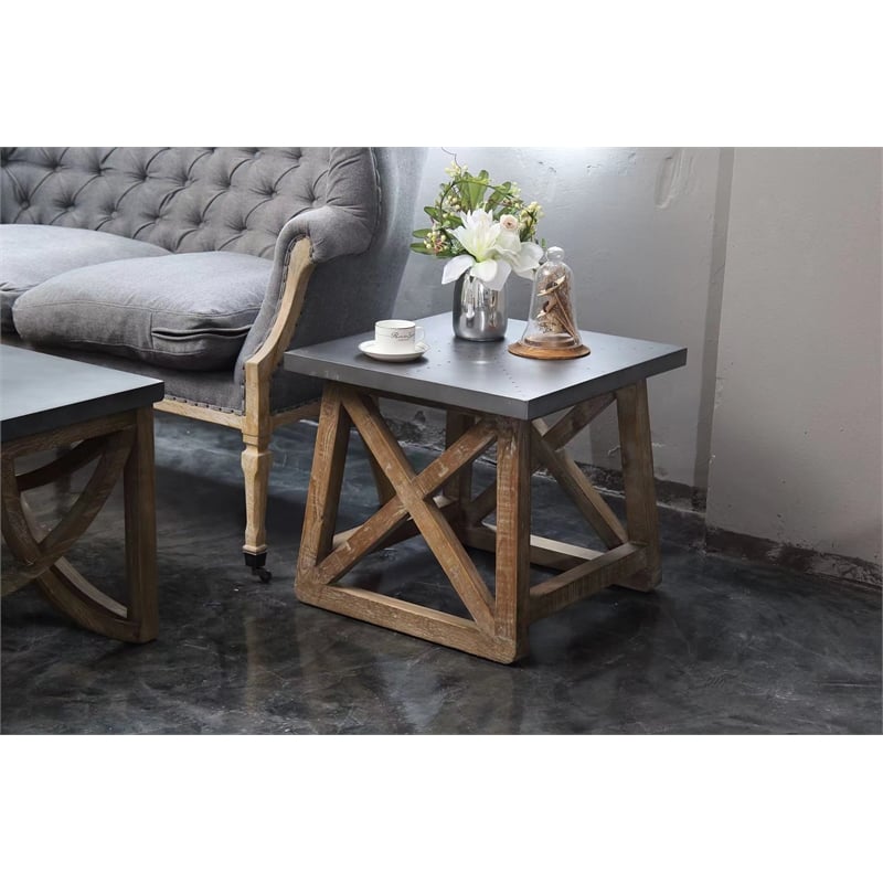 Burnham Home Wood Martin Side Table in Natural and Zinc Top Finish