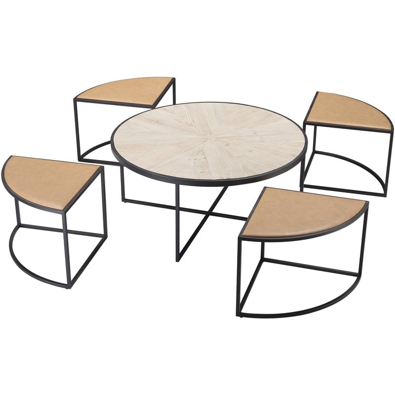 Olivia Metal 5pc Nesting Coffee Table Set with 4 Nesting Stools in Tan Finish
