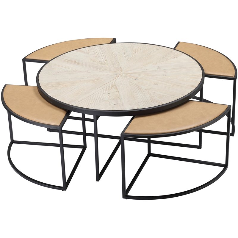 Nesting Coffee Table In Natural Brown, Burnham Reclaimed Wood And Iron Round Coffee Tables