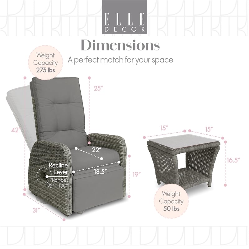 Elle Decor Vallauris 3-Piece Outdoor Reclining Chair Set Grey