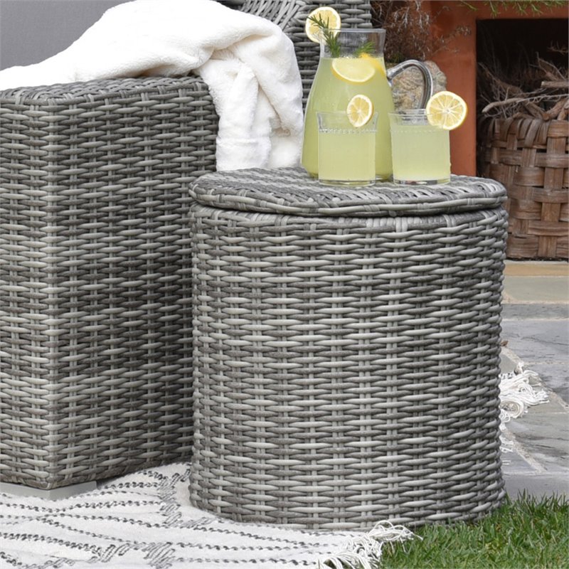 Elle Decor Vallauris Wicker Patio Storage Side Table In Gray Dj16021