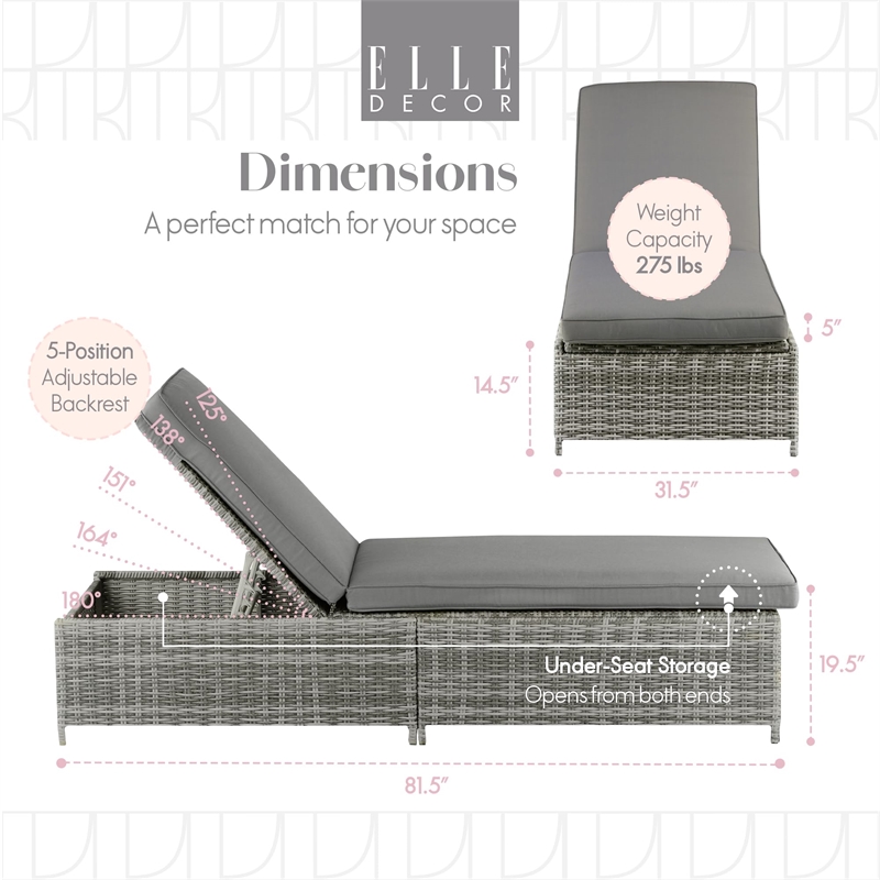 Elle Decor Vallauris Outdoor Chaise Lounge with Storage Grey