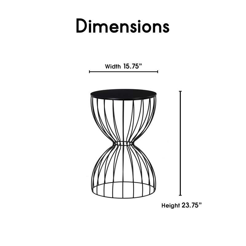 Elle Decor Cami Modern Hourglass End Table with Metal Top for Bedroom Black