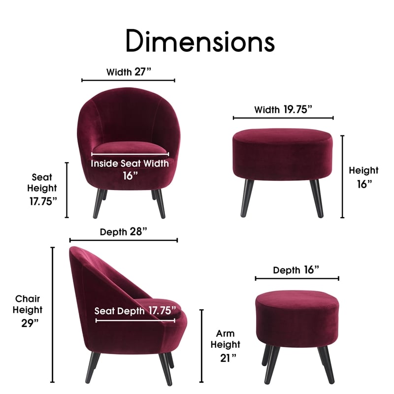 Elle Decor Nico Velvet Accent Chair and Ottoman Set Merlot Red