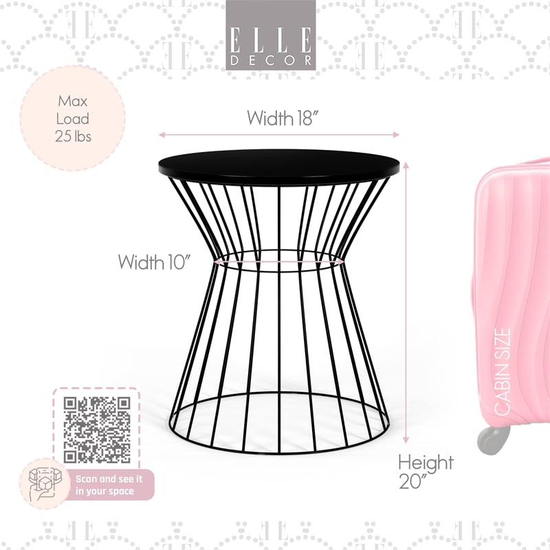 Elle Decor Lulu Modern Hourglass End Table with Metal Top for Bedroom Black