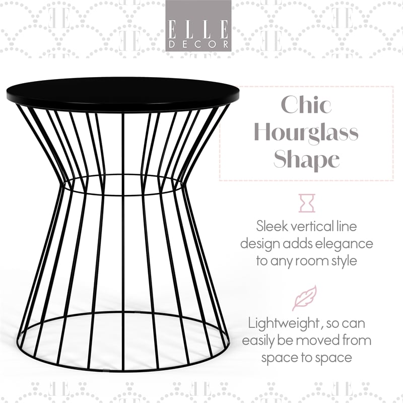 Elle Decor Lulu Modern Hourglass End Table with Metal Top for Bedroom Black