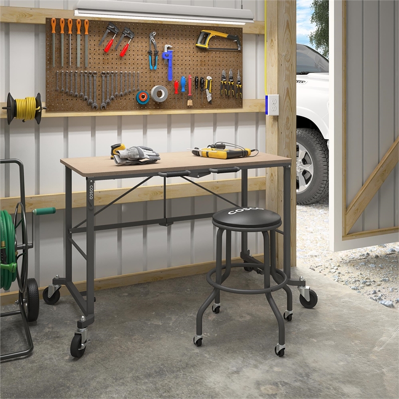 COSCO SmartFold Portable Workbench Folding Utility Table with Casters in Gray