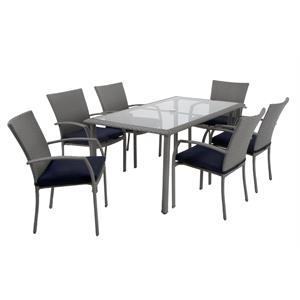cosco outdoor 7 piece patio dining set with 6 stacking chairs in gray and navy