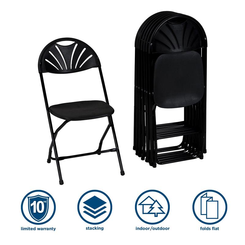 ZOWN Premium Commercial Fan Back Indoor/Outdoor Folding Chair in Black (8-Pack)