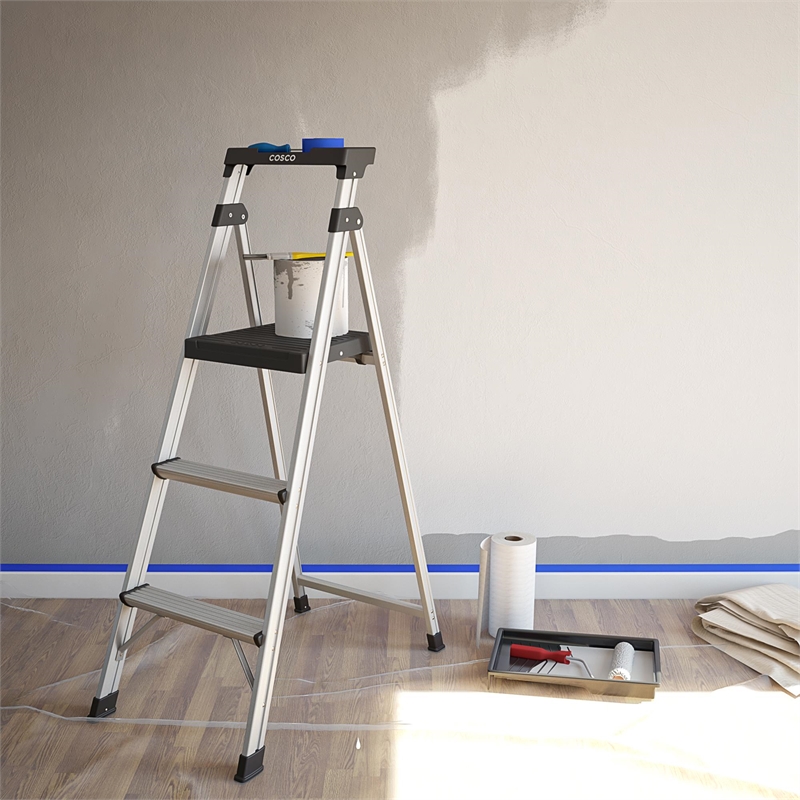 COSCO 3-Step 5' Lite Solutions Folding Step Stool 225 lb. Capacity - Aluminum