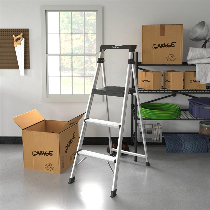 COSCO 3-Step 5' Lite Solutions Folding Step Stool 225 lb. Capacity - Aluminum