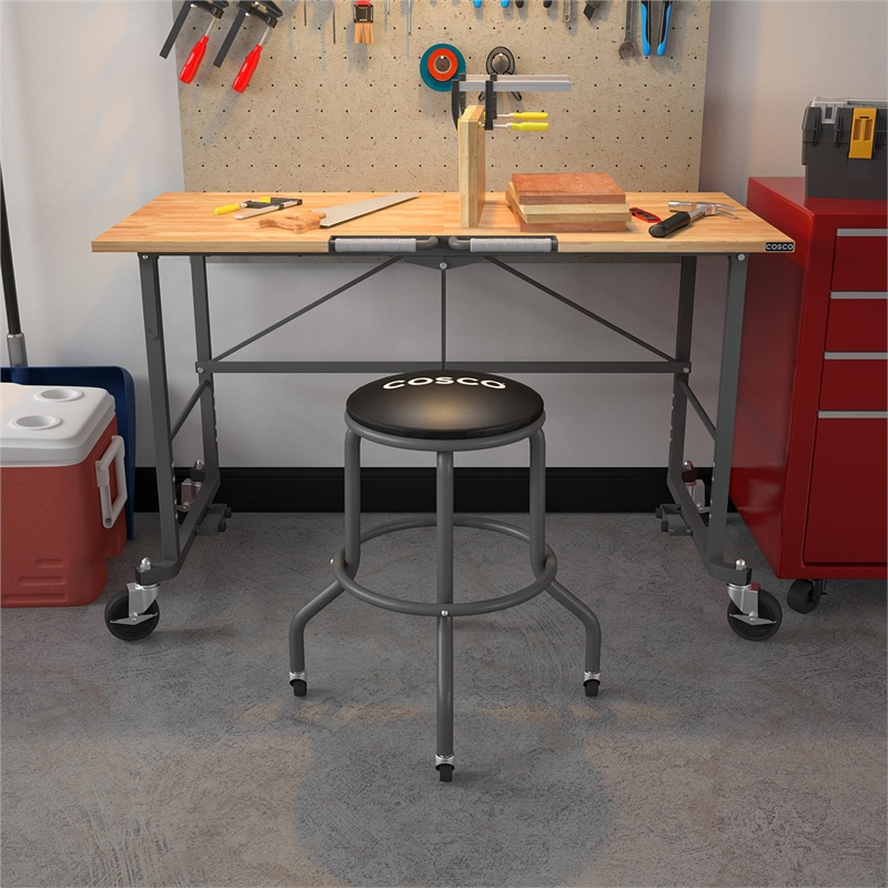 COSCO All Steel Vinyl Work Seat with Rolling Casters- 300lb weight capacity