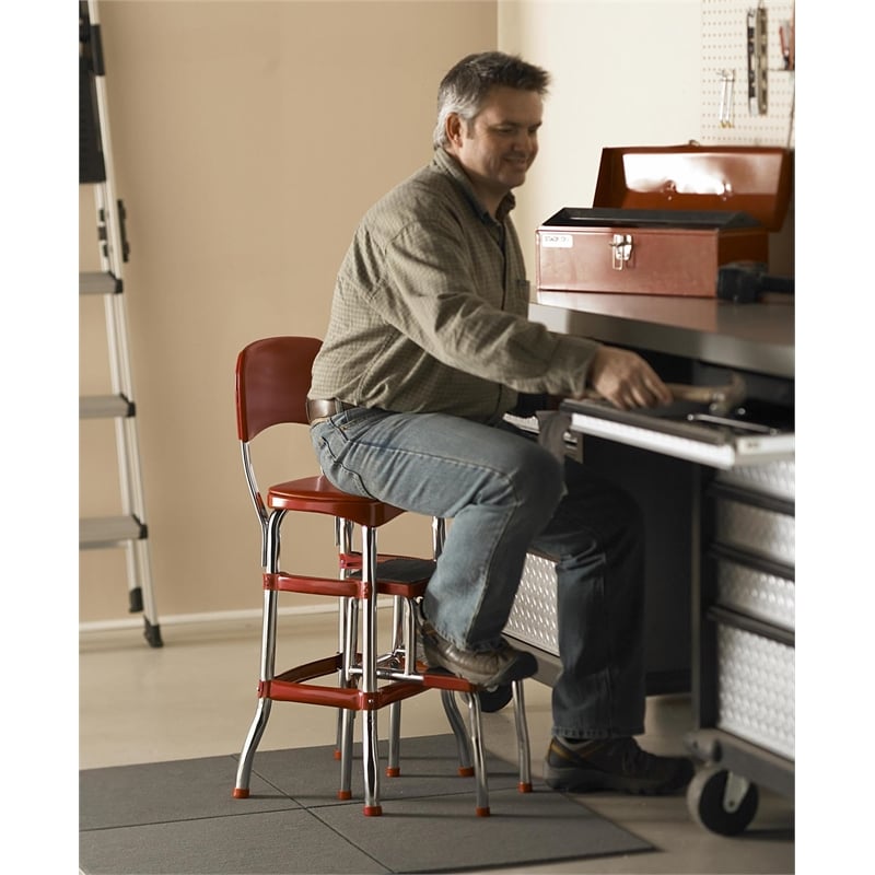 Cosco Retro Counter Stool with Pull Out Step Stool in Red