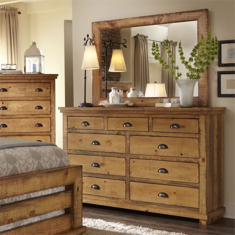 Progressive Willow 7 Drawer Dresser And Mirror In Distressed Pine